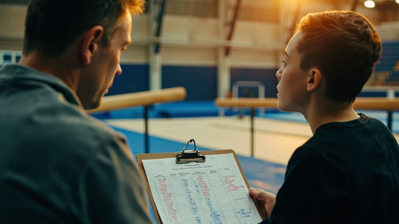 Coach and parent reviewing how to read a gymnastics score sheet