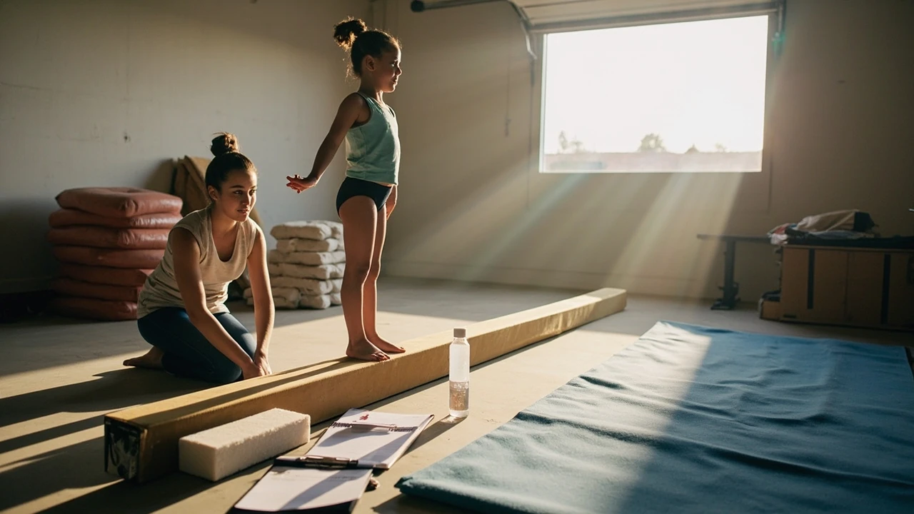 Gymnast using a home balance beam practice safety checklist setup on a low training beam