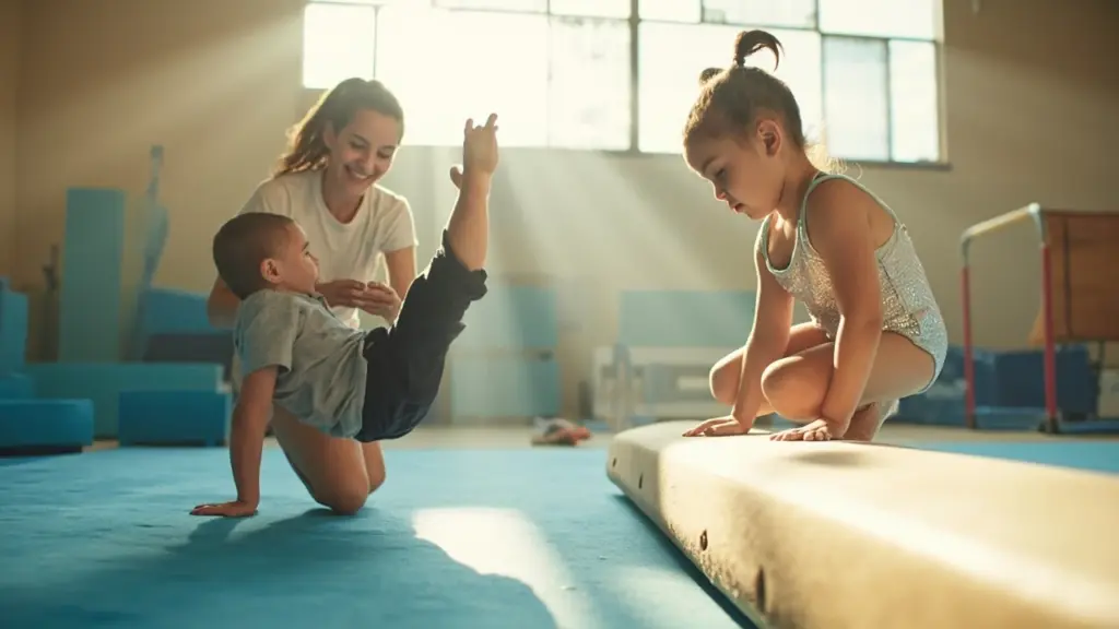 Two young gymnasts, one in a casual class and one in a team leotard, illustrating recreational vs competitive gymnastics for children