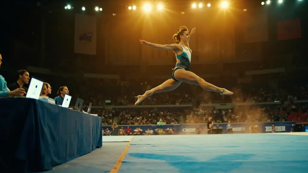 Judge evaluating a gymnastics floor routine at a competition