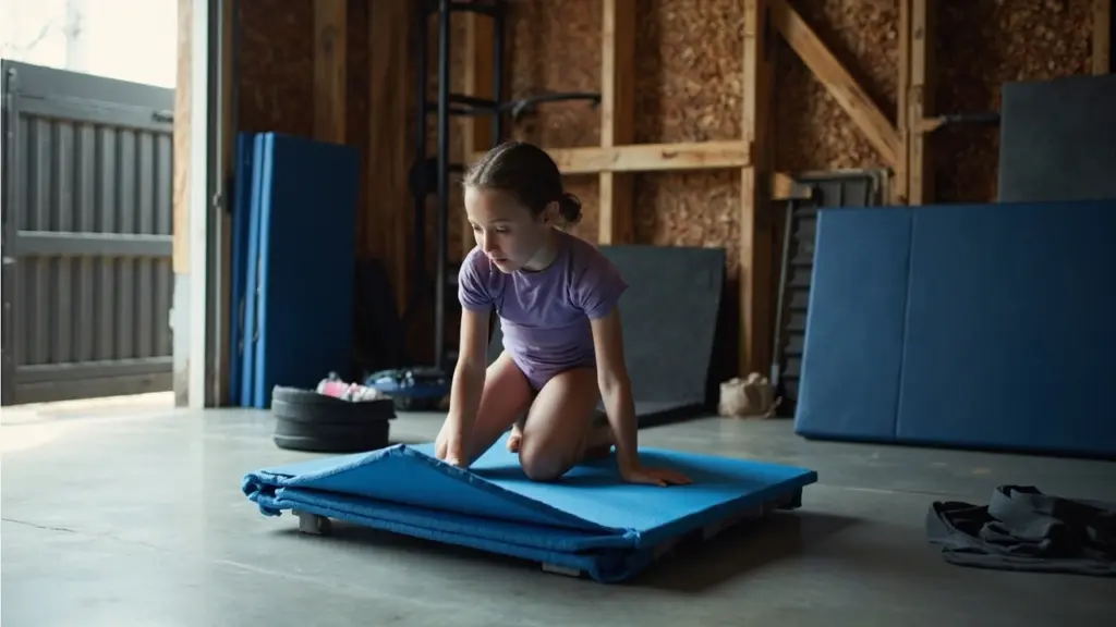 Gymnast evaluating a home practice mat on a garage floor
