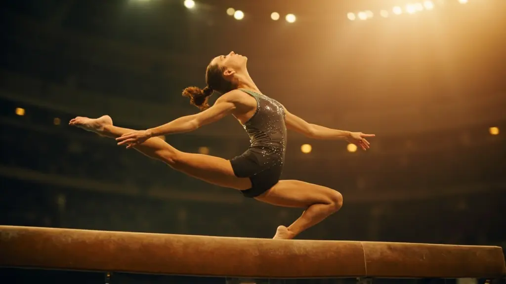 Gymnast on balance beam demonstrating why gymnasts point their toes in routines