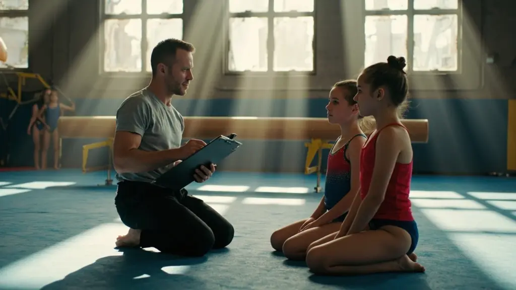 Coach explaining how gymnastics levels differ from age groups to young gymnasts on the floor