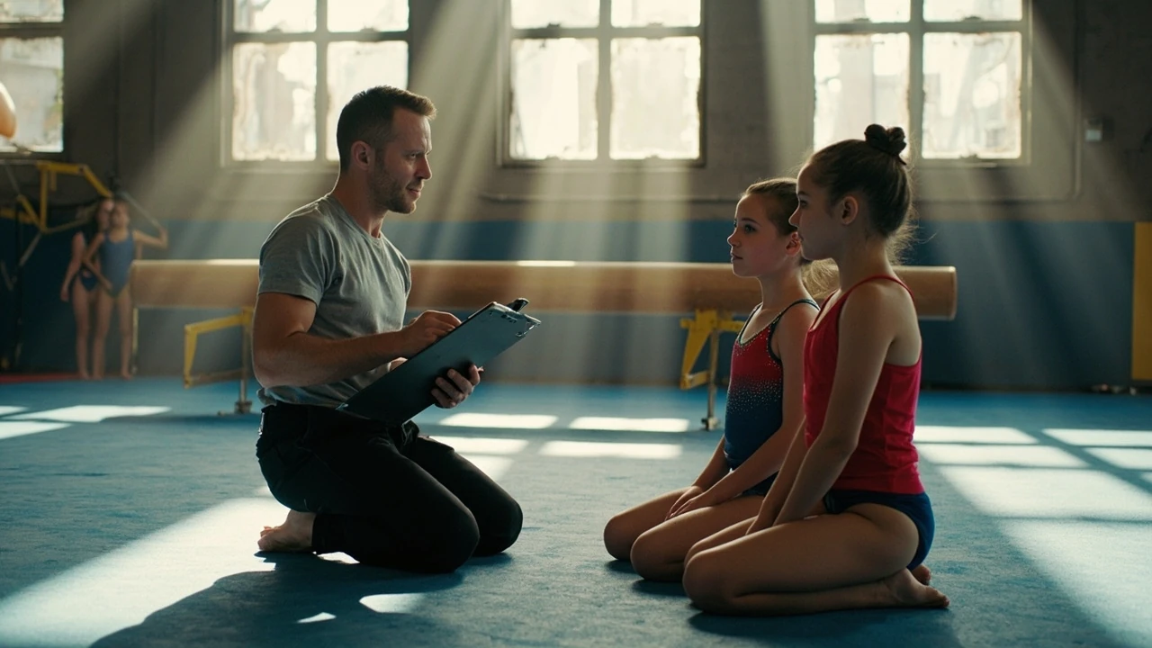Coach explaining how gymnastics levels differ from age groups to young gymnasts on the floor