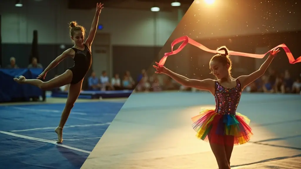 Comparison of how gymnastics exhibition routines differ from scored routines on floor and beam