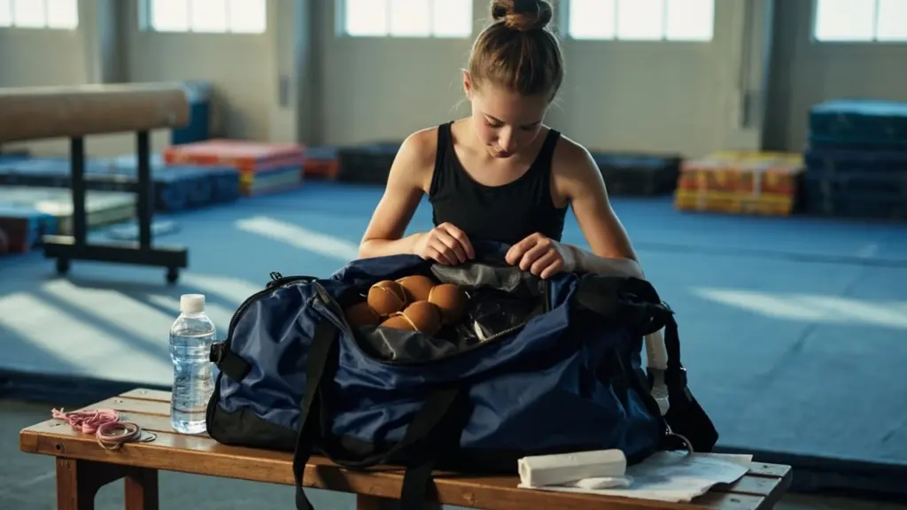 Gymnast packing a duffel bag for an open gym session