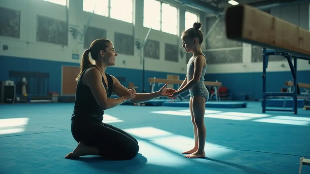 A coach and a young gymnast discussing when to move from recreational to team gymnastics at a training facility.