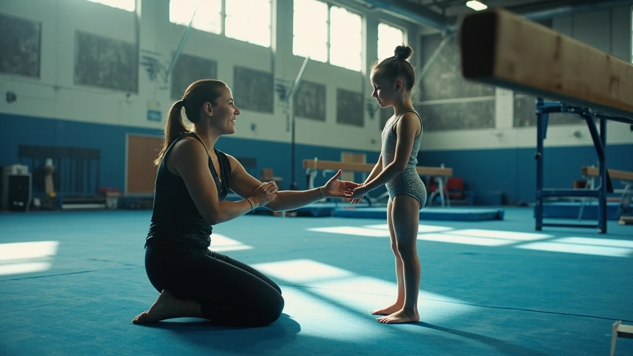 A coach and a young gymnast discussing when to move from recreational to team gymnastics at a training facility.