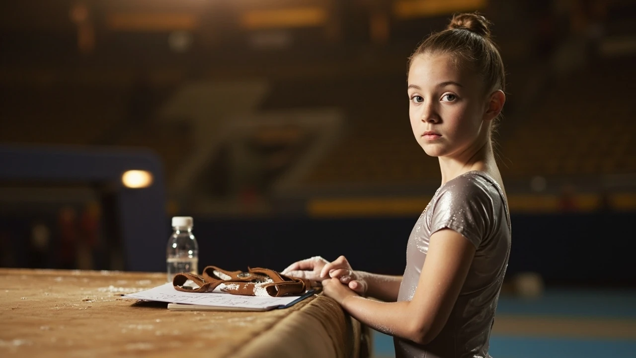 Young gymnast preparing for a meet on the balance beam