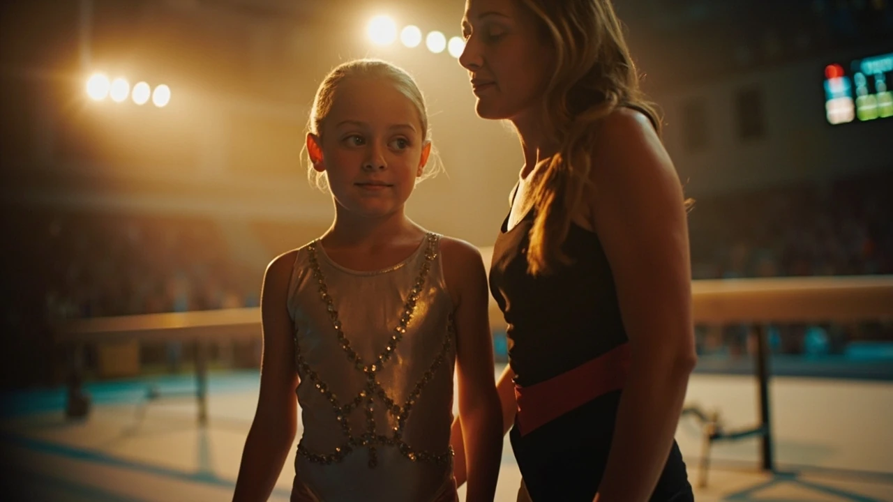 Parent and young gymnast preparing for a first gymnastics competition