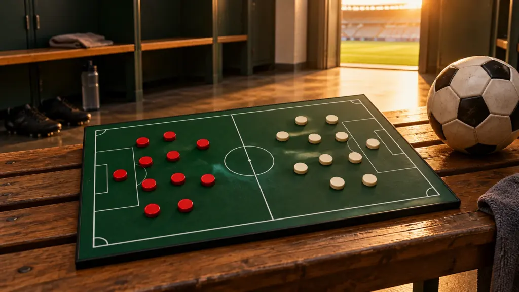 Red and ivory counters on a green football tactics board beside a ball in an empty changing room