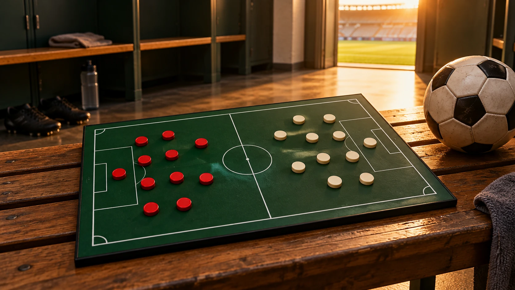 Red and ivory counters on a green football tactics board beside a ball in an empty changing room